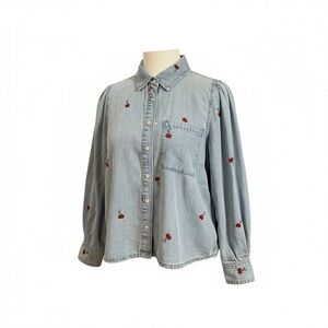 Kensie Light Blue Denim Shirt with Red Cherry Accents size medium